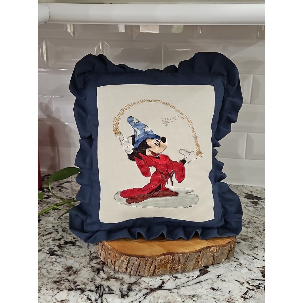 Vintage Socerer Disney's  Mickey Mouse Cross Stitch Accent Pillow BEAUTIFUL